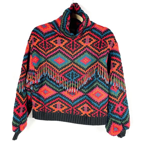 Farm Rio Rauti Sweater Beaded Tassel Turtleneck Multi Diamond Knit Sz XS - Picture 5 of 12